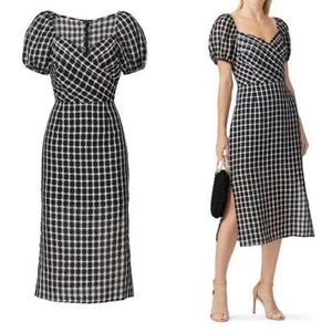FINDERS KEEPERS black & white plaid midi dress, puff sleeve sweetheart neckline